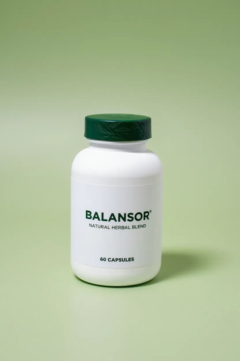 Balansor natural supplement bottle with herbal ingredients displayed